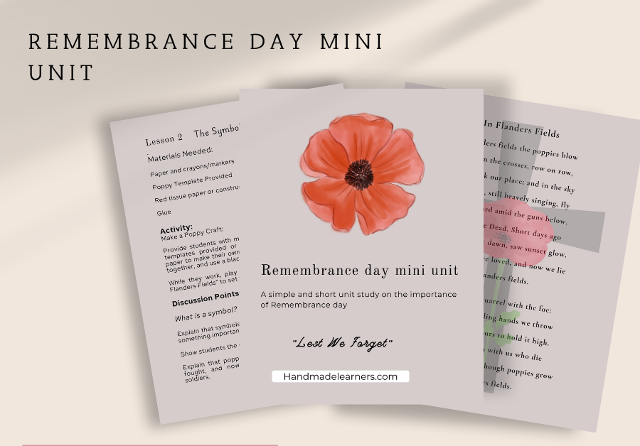 Pages from a remembrance day unit with a poppy on the front,