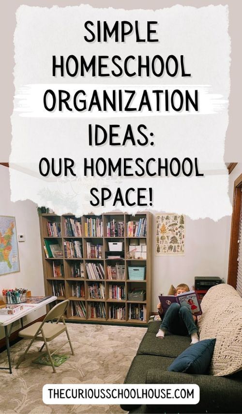 Homeschool Room Ideas written in front of a bookshelf