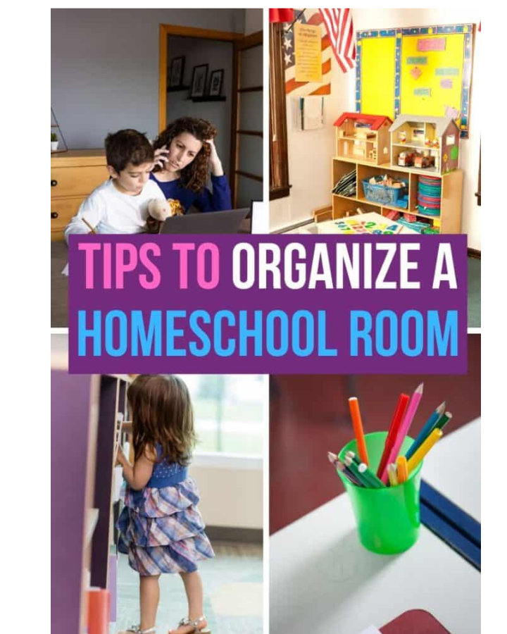 four different photographs of a homeschool room
