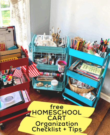homeschool carts in a homeschool room filled with art supplies